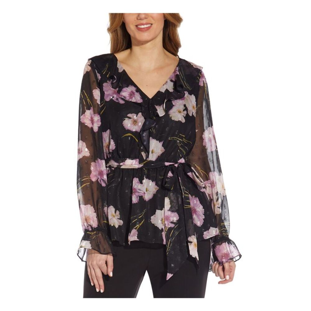 SPEECHLESS Womens Black Sheer Ruffled Balloon Sleeve V Neck Wear To Work Top 57